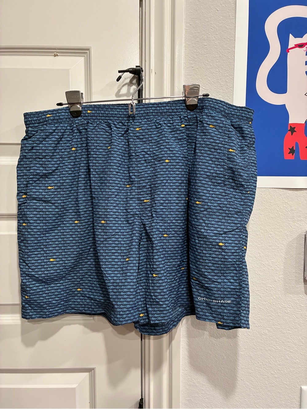 Columbia Men's Navy Blue Swim Trunks with Yellow Dot Print